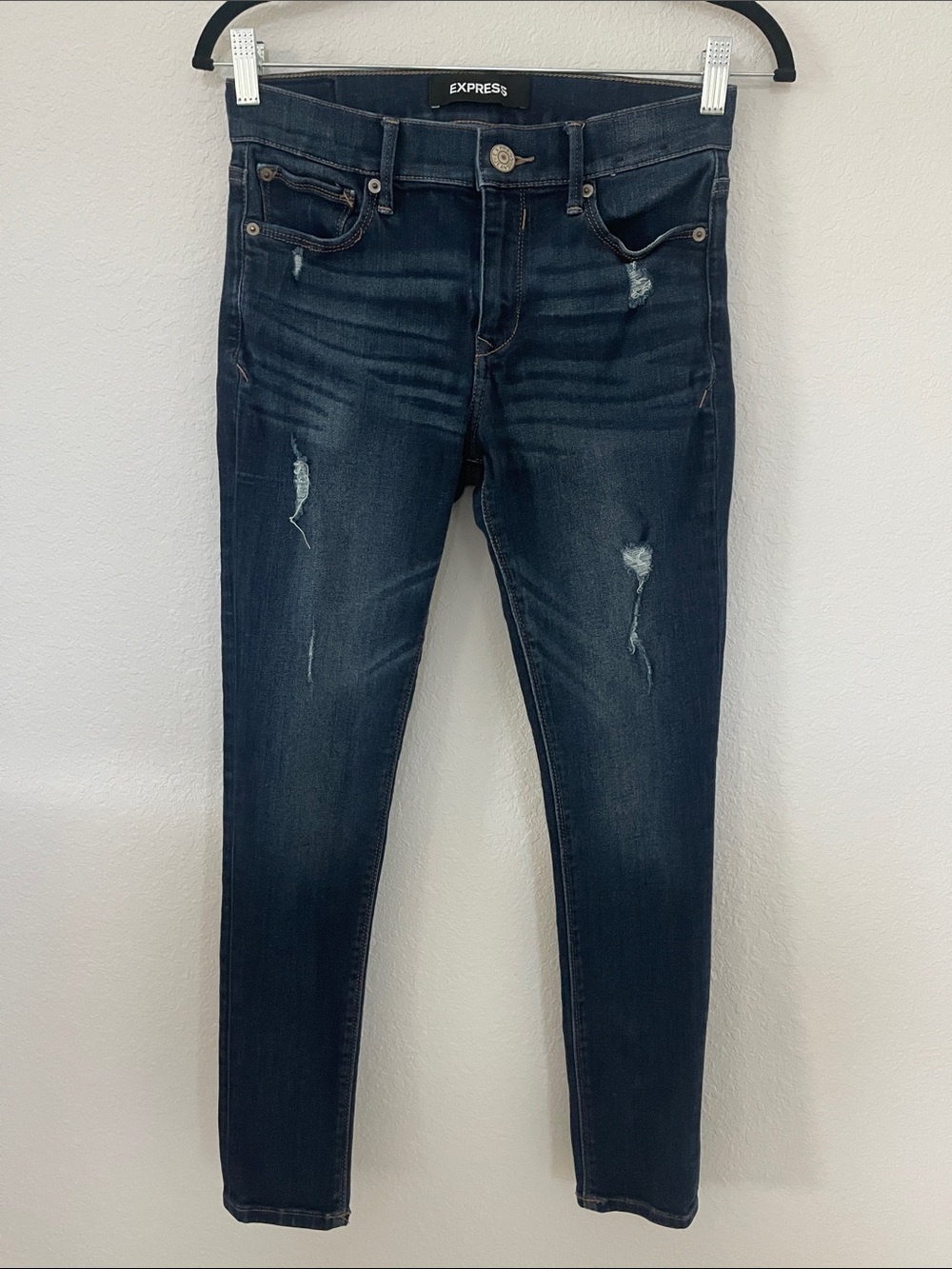 Express Women's‎ Dark Indigo Distressed Skinny Jeans Size 2S/2C.